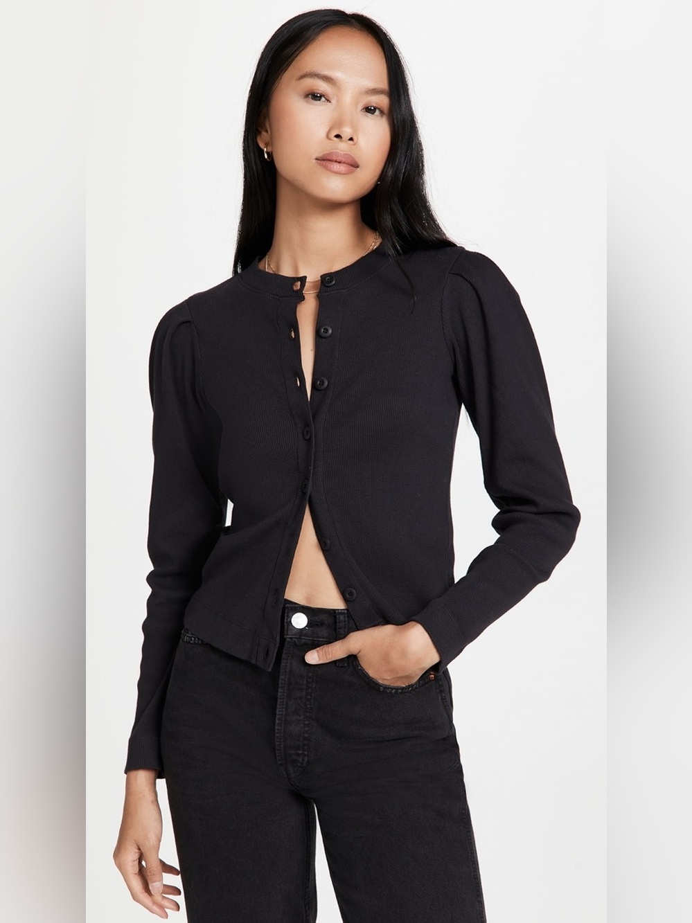 Amo puff sleeve Black Button-Front Ribbed Cardigan sweater La ligne ayr askkny